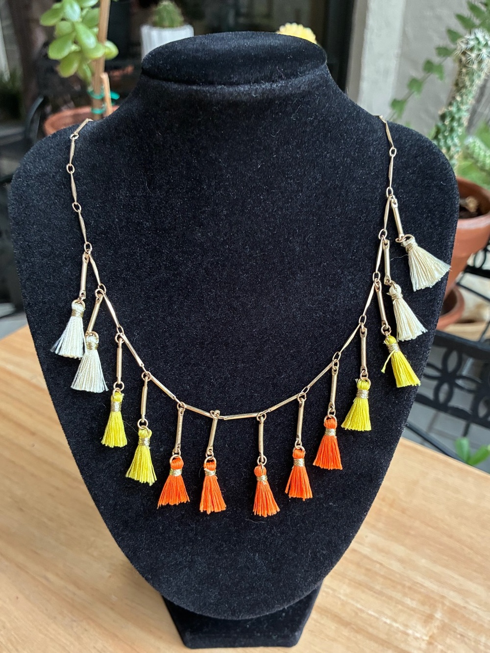Gold-Tone Tassel Necklace with Yellow, Orange & Cream Fringe - Picture 3 of 4